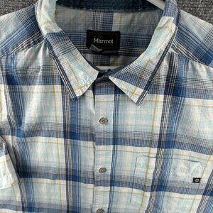 Marmot Button Up Shirt Men Outdoor Hiking Fishing XL Blue Yellow Plaid Pocket